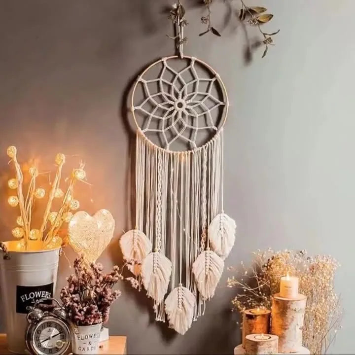 Handwoven Cotton Bohemian Dreamcatcher Cozy Homes Macrame Wall Hanging with Leaf Tassels Flower of Life Crystal Crafts Ornament