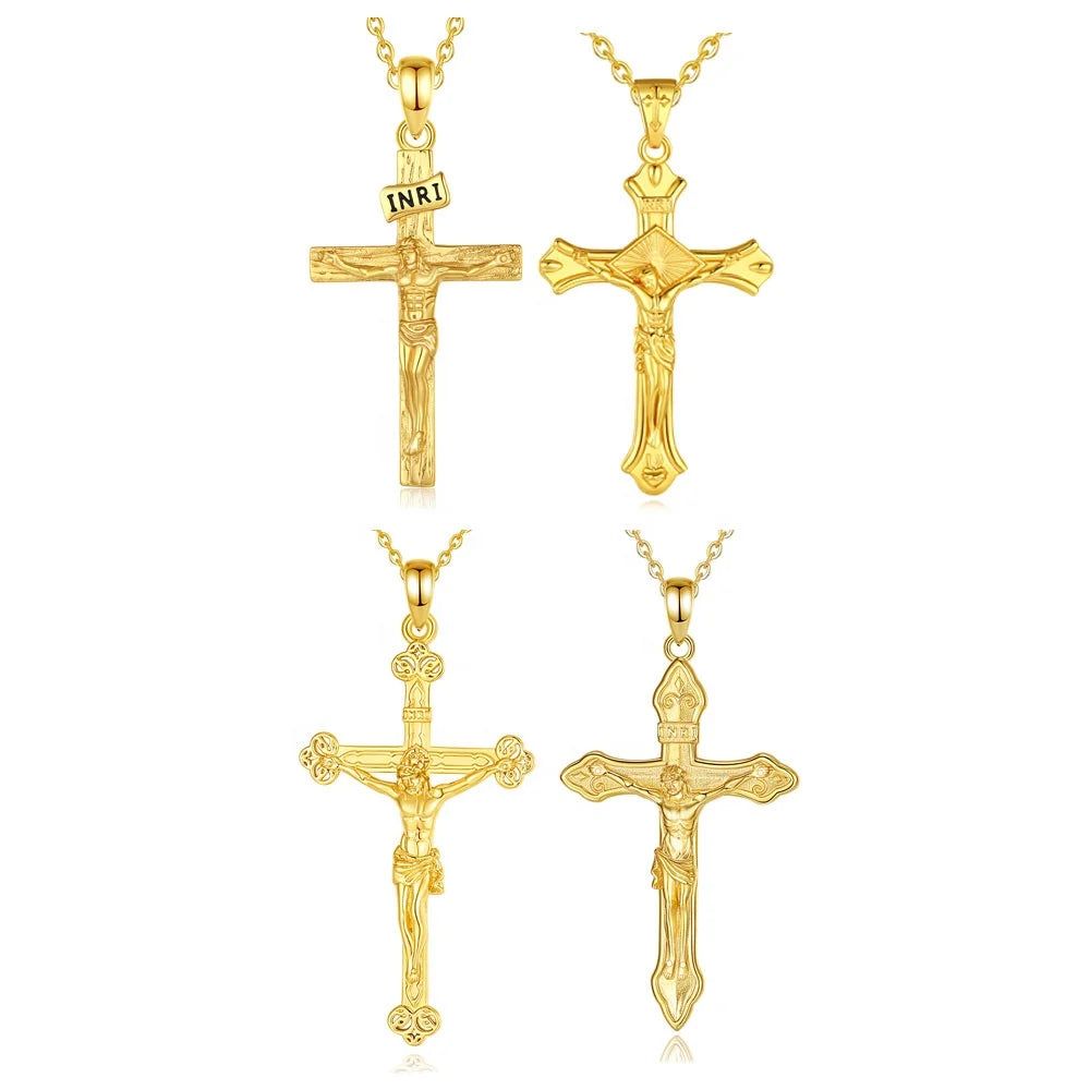 925 Sterling Silver 18K Gold Plated Christian Catholic Religious Jewelry Jesus Crucifix Cross Pendant Necklace for Believer