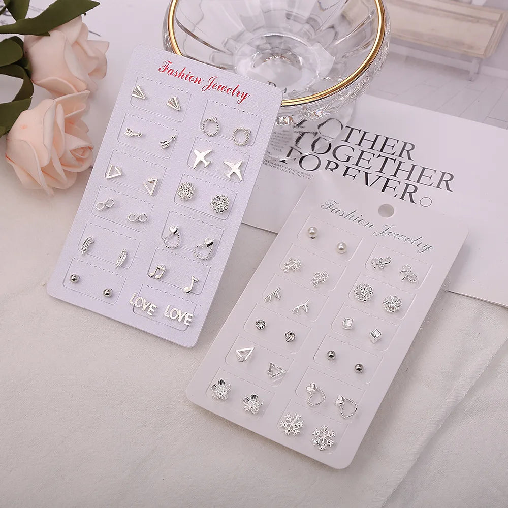 Fashion 12 Pairs Set Korean Fashion Small Ear Studs Combination Fashion New Simple Versatile Stud Earrings Set for Women Girls