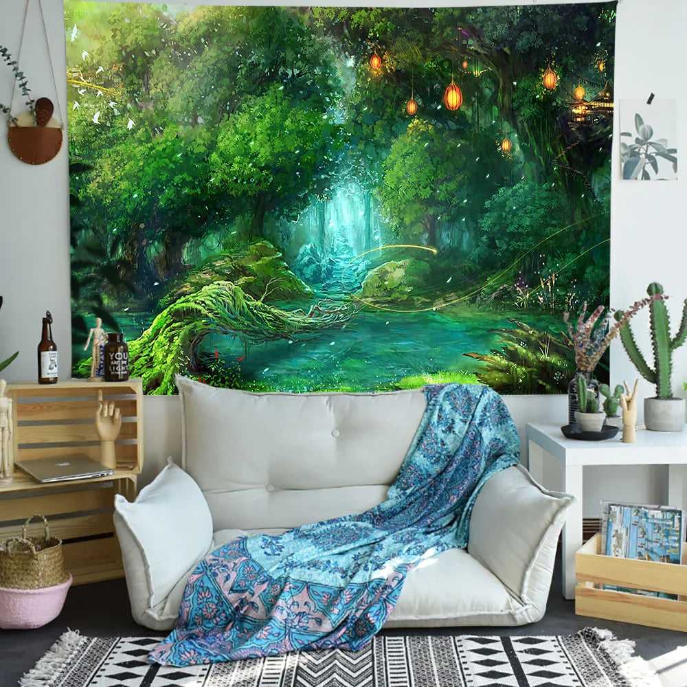 Trippy Tree Tapestry Amusement Park Night Scene Art Wall Hanging Home Dorm Decor Tapestries