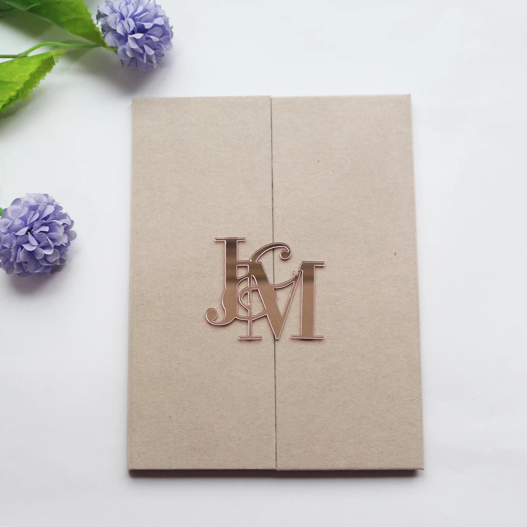 Gate Fold Folio Custom Initials pink Wedding Birthday Party Invitations with Rose Gold Mirror Acrylic Card