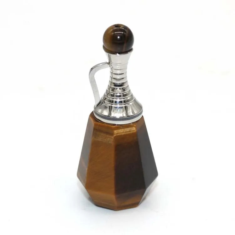 HZ Wholesale Natural Crystal Tiger Eye Facet Stainless Steel Silver Kettle-shaped Perfume Essential Oil Bottle Pendant Jewelry
