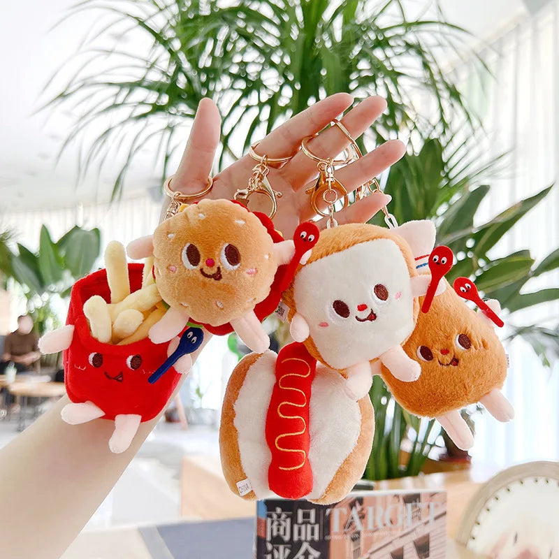Cheap Soft Cartoon Fast Food Plush Doll Mini Sleutelhanger Cute Fries Hamburger Stuffedl Keychains Food Ring Bag Accessories