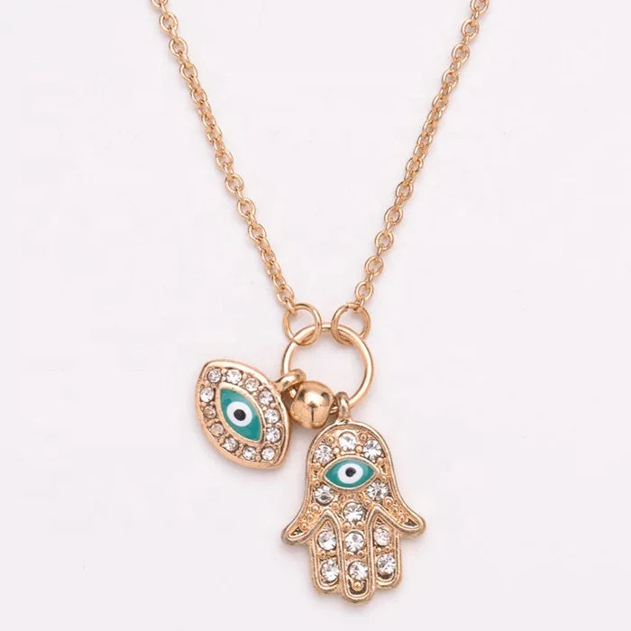 Hand of Fatima Turkish Blue Eyes Enamel Pendant Necklace with Diamonds