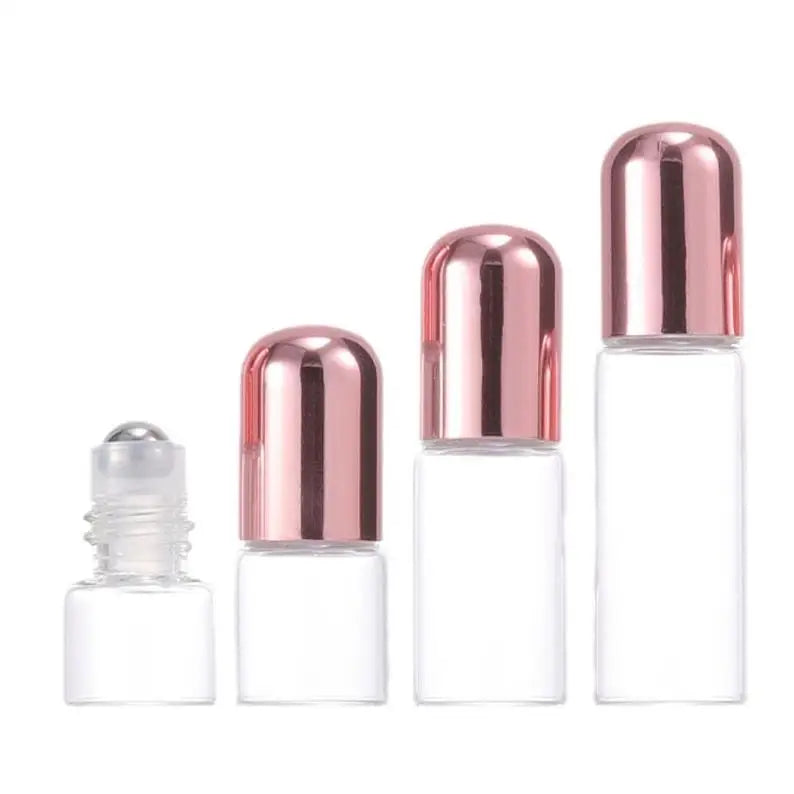 Mini Perfume Glass Roll on Bottle 1ml 2ml 3ml 5ml clear Empty Glass Attar Steel Roller Ball Bottle Packaging with Rose Gold Lid