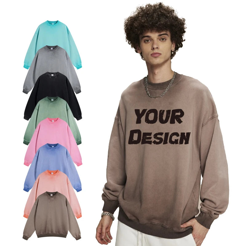 Custom Logo Heavyweight Vintage Streetwear Crewneck 100%cotton Acid Washed Oversized Unisex Crew Neck Sweatshirts