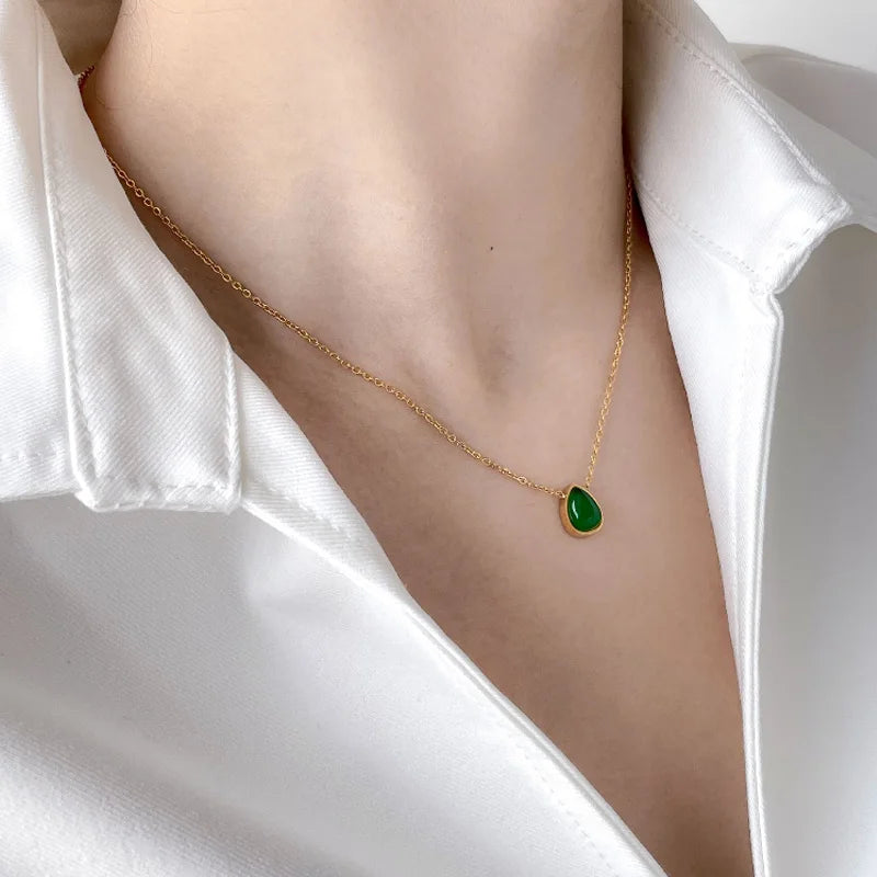 French Retro Style Geometric Natural Agate Gemstone Necklace Waterdrop Square Stone Stainless Steel Necklace for Women