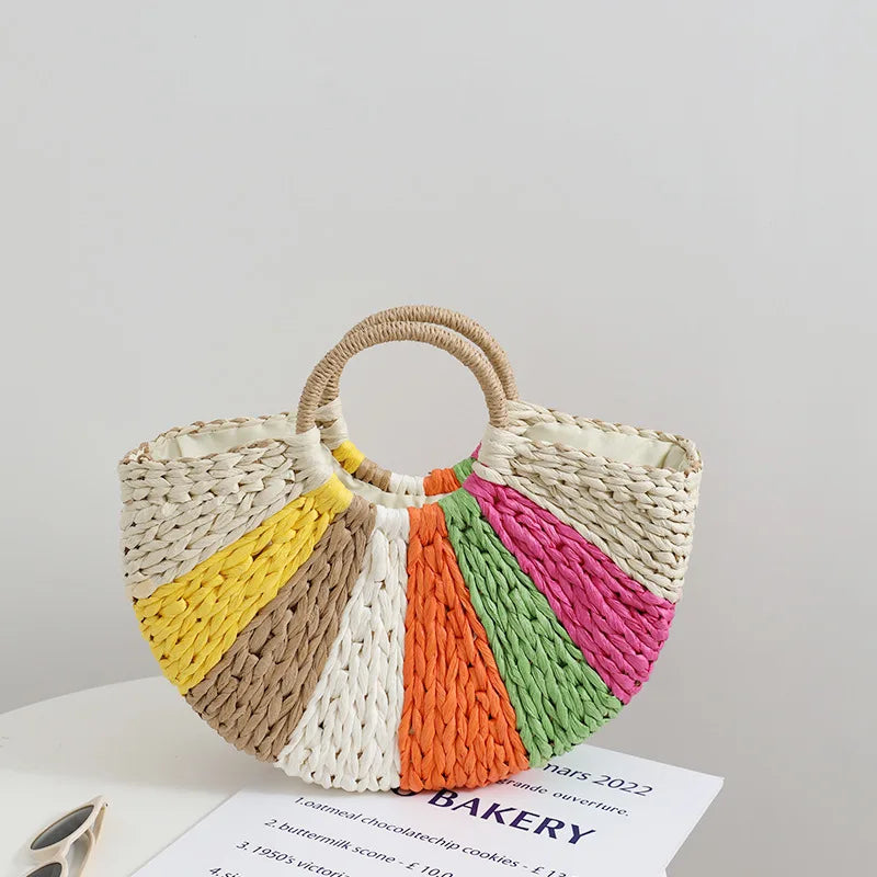 2022 New Summer Semi-round Paper Straw Women Woven Handbag Lady Beach Bag for Beach Holiday