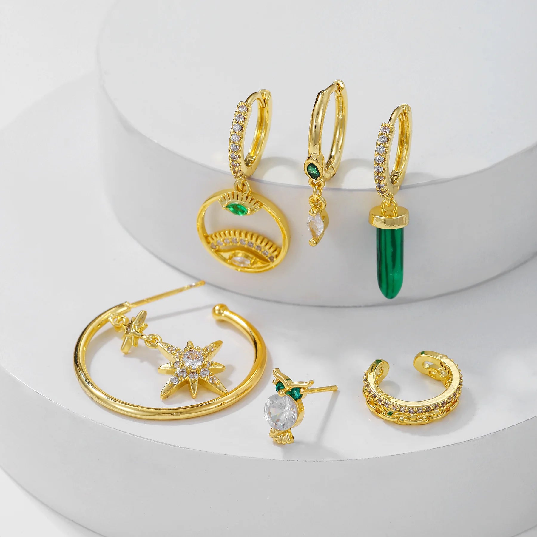 6Pcs Modern Green Zircon Star Tassel Earrings S925 Silver Needle Fashion Accessories Earrings Set