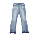 TOPSHOW DENIM Custom Ripped Raw Light Blue Flared Jeans Vintage Distressed Wash Blank Low Rise Stacked Flared Jeans Men