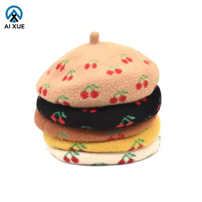 2026 New Arrival Women's French Wool Beret Cherry Pattern Embroidered Newsboy Cap Fashionable Autumn Winter Warm for Casual