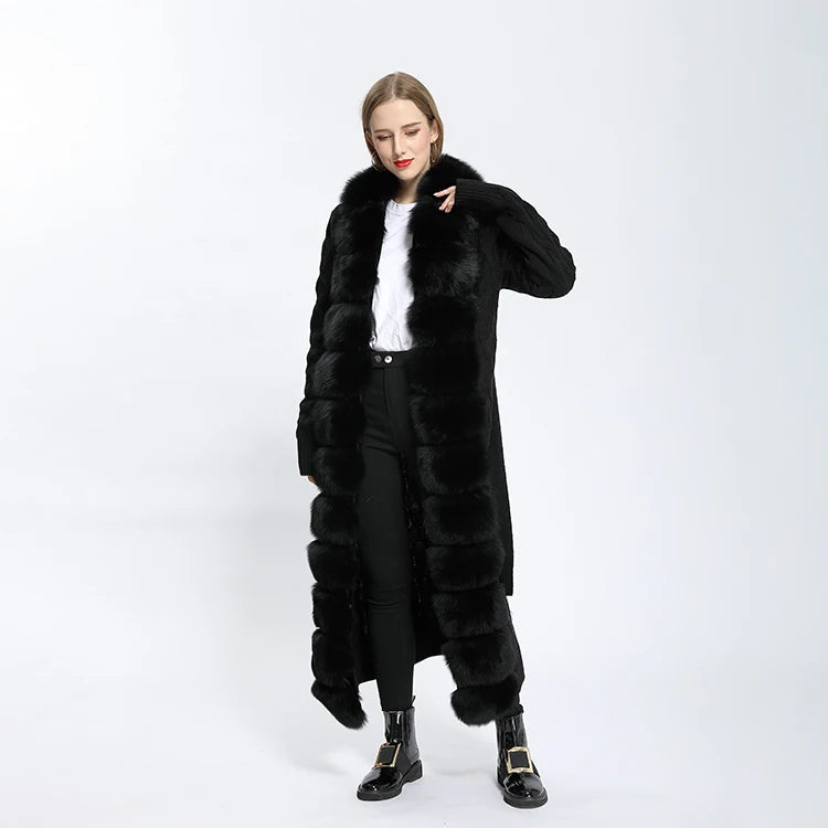 Women's Spring Autumn Sweater With Fox Fur Fur Collar Knitted Fur Cardigan