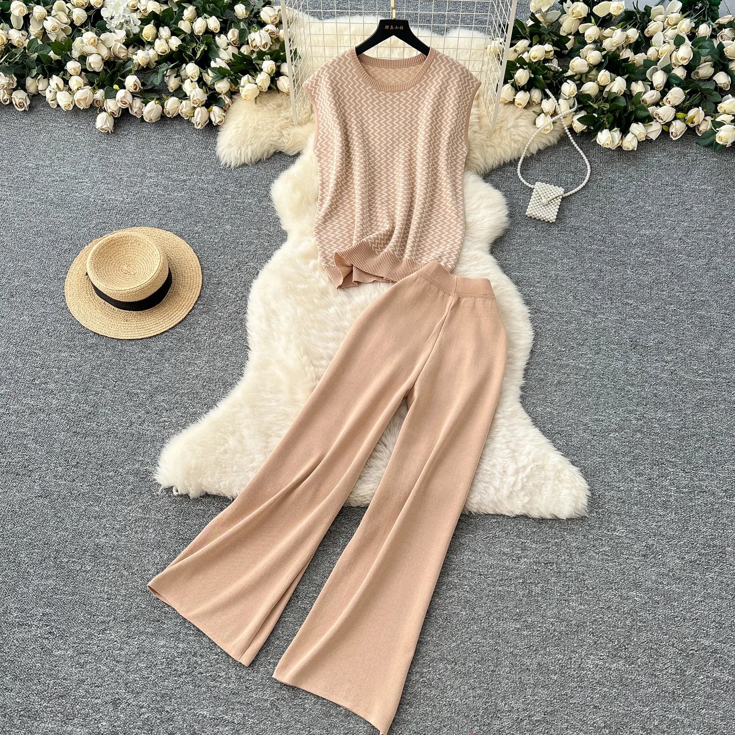 Bohemian Summer Seaside Vacation Two-Piece Set: Knitted Halterneck Top with Tassels & High-Waisted Hollow-Out Long Trousers