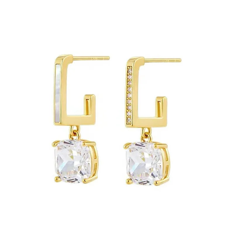 Ladies Fashion Chic Alloy Material square Zircon Beads Charm Tiny Earring 925 Sterling Silver Pin for Party Wedding Brides