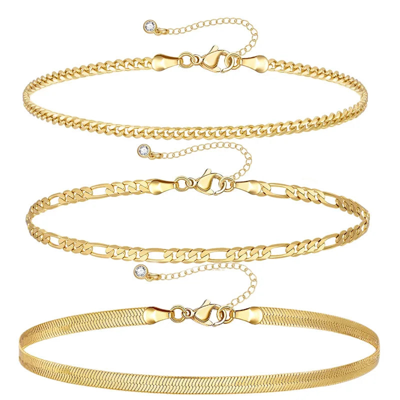 Summer Fashion 3pcs Gold Beaded Snake Figaro Chain Anklet Set Leg Foot Jewelry 14k Gold Foot Chain Ankle Bracelet for Women