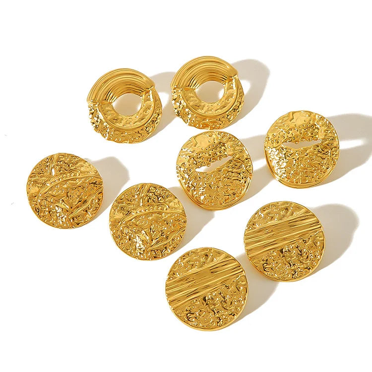 New Styles Round Corrosion Stud Earrings 18K PVD Gold Plated Vintage Wrinkle Stainless Steel Earrings Wholesale