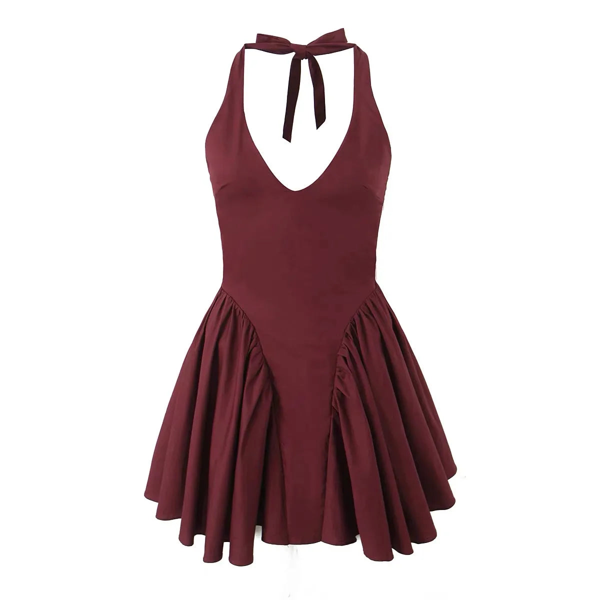 Custom Wholesaler Factory Mini Cotton Halter Dress V-neck Sexy Party  Pleated  Ladies Women  Casual Dress