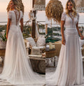 10147#Beach Button High Neck Lace Sheer Back Short Sleeve Plus Size Bohemian Wedding Dress Sweep Train Bride Dress