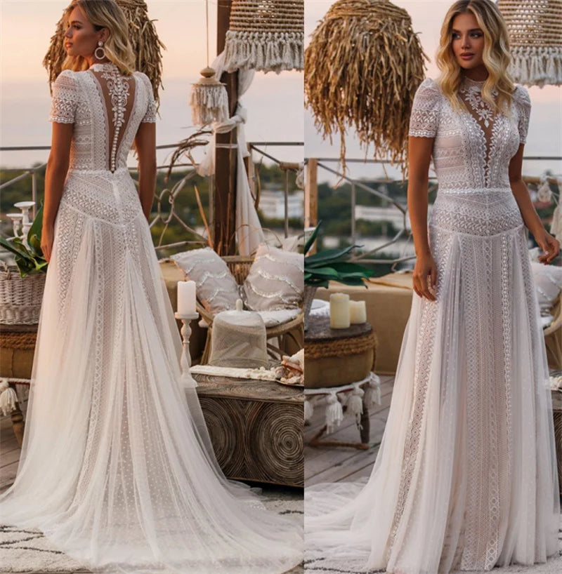 10147#Beach Button High Neck Lace Sheer Back Short Sleeve Plus Size Bohemian Wedding Dress Sweep Train Bride Dress
