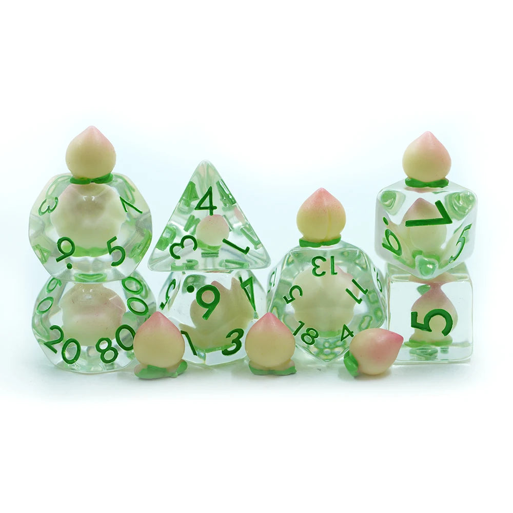 Soft Edged Peach Filled Polyhedral Resin Dice DND Transparent Resin Dice