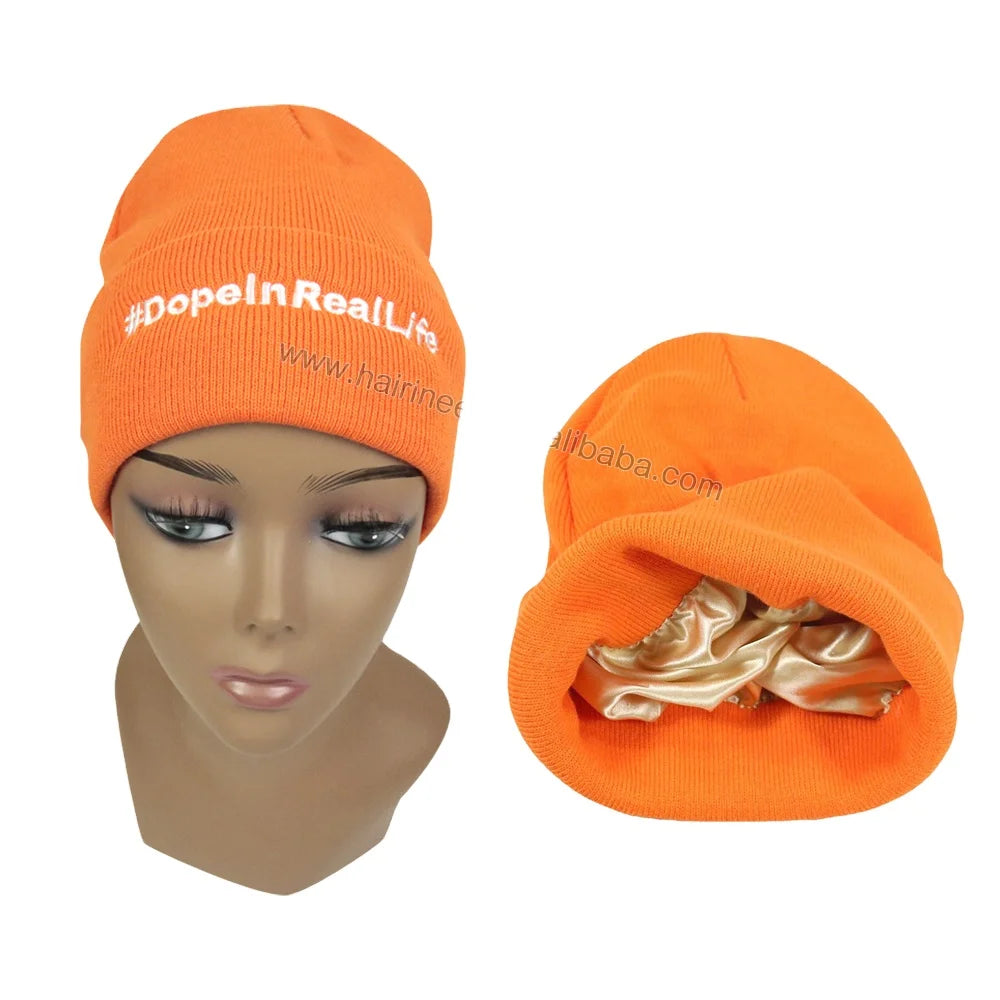 OEM OED Custom logo Crochet Beannies Beanny for Outdoor Winter Hat With Satin Inside Colorful Warm Cap