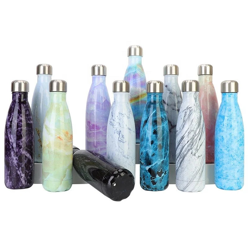 500ml Stainless Steel Marbling Double Wall Vacuum Insulated Bowling Termo Water Bottle Cola Shaped Thermal Flasks With Steel Lid