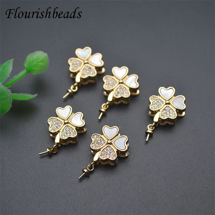 Wholesale Anti Fading 18K Gold Plated Natural Mop Shell Cubic Zircon Pave Heart Clover Charms Pendants for Necklace Making