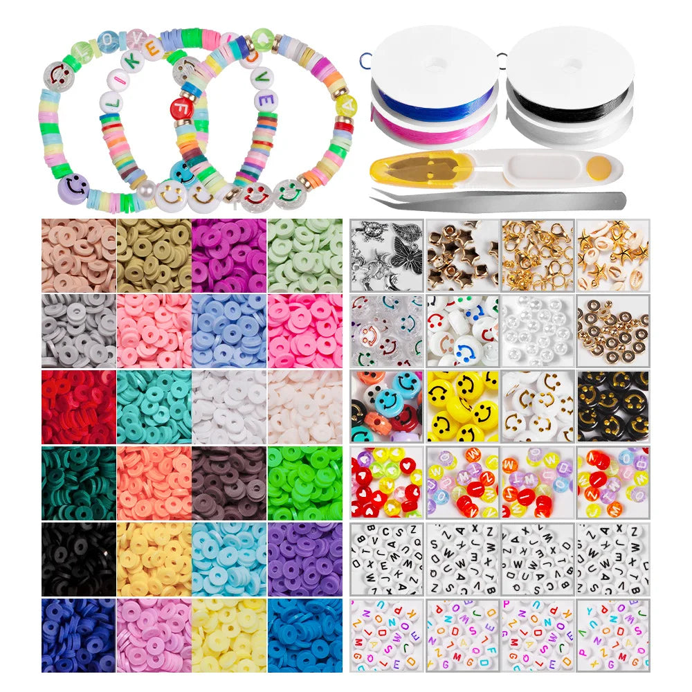 Wholesale New 48 Grids/Box Including Letter Spacer Beads Smile Face Beads Metal Pendant Heishi Clay Beads Set