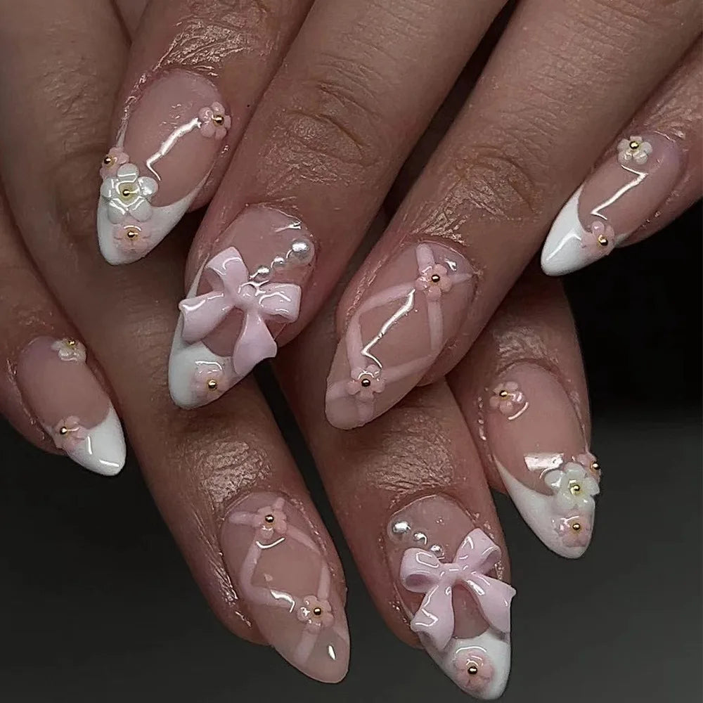 24 Pcs French Style Romantic Art Acrylic Press on Nails Artificial Fingernails Candy False Nails Dating Party 3378