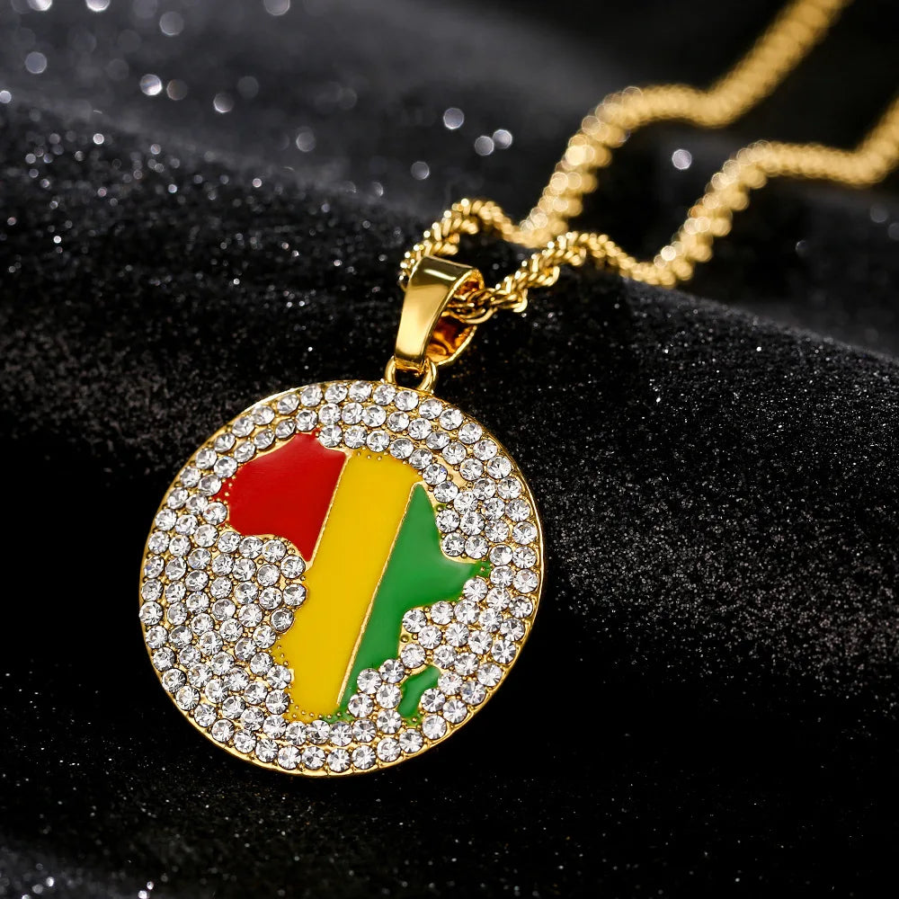 Stainless Steel 18K Gold Rhinestone Hip Hop Africa Guinea Map Pendant Necklace for Men and Women Crystal Guinea Flag Necklace