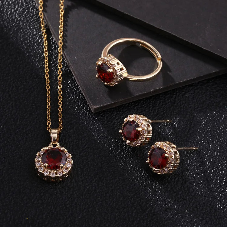 Fashion Set Earrings for Women Necklaces Round Zircon Pink Crystal Necklace Pendant Women's Jewelry Anniversary Gift