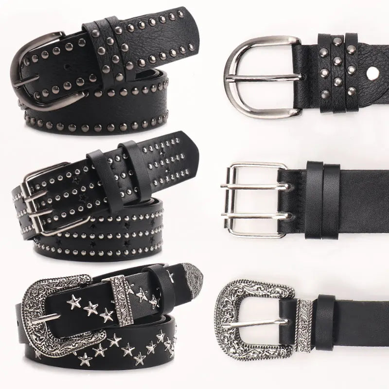 JULUN Women Belt Studded Belt Vintage Belts Women Black PU With Star & Western Buckles Punk Rock Fashion Accessory
