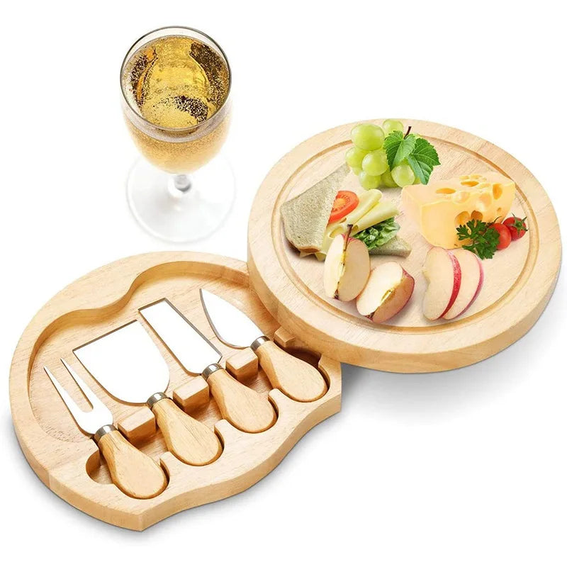Four-Piece Bamboo Cheese Board and Rubber Wood Cutting Plate Set Easy-to-Use Knives for Pizza Cheddar Cheese for Kitchen Use