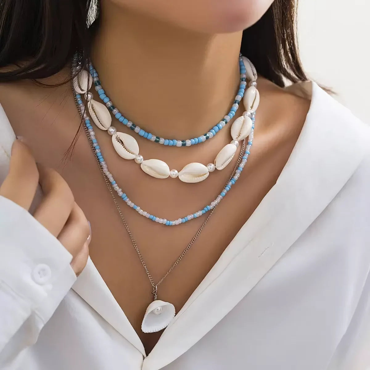 Boho Multi Color Seed Beads and Shell Woven Chains with Pendants Necklaces for Women Summer Vacation Accessories Fashion Jewelry