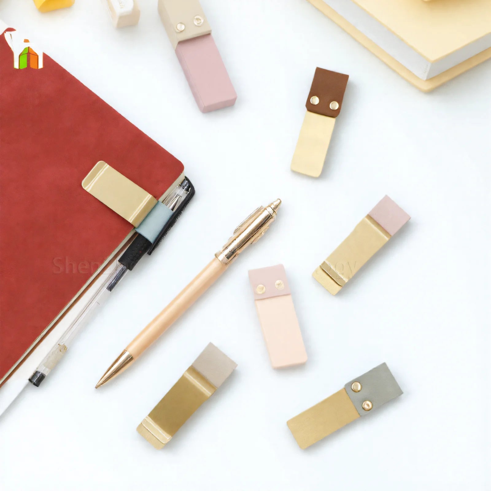 Pu Leather Retro Pure Copper Stainless Steel Pen Clip Multi-purpose Metal Bill Clip Pen Hoop Holder