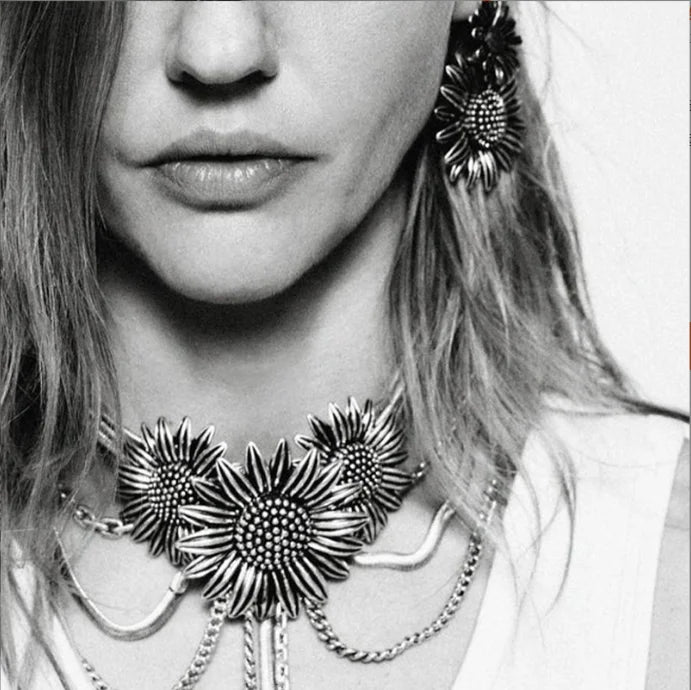 Vintage Multilayer Chain Sunflower Necklace Earring for Women Long Pendant Jewelry Set