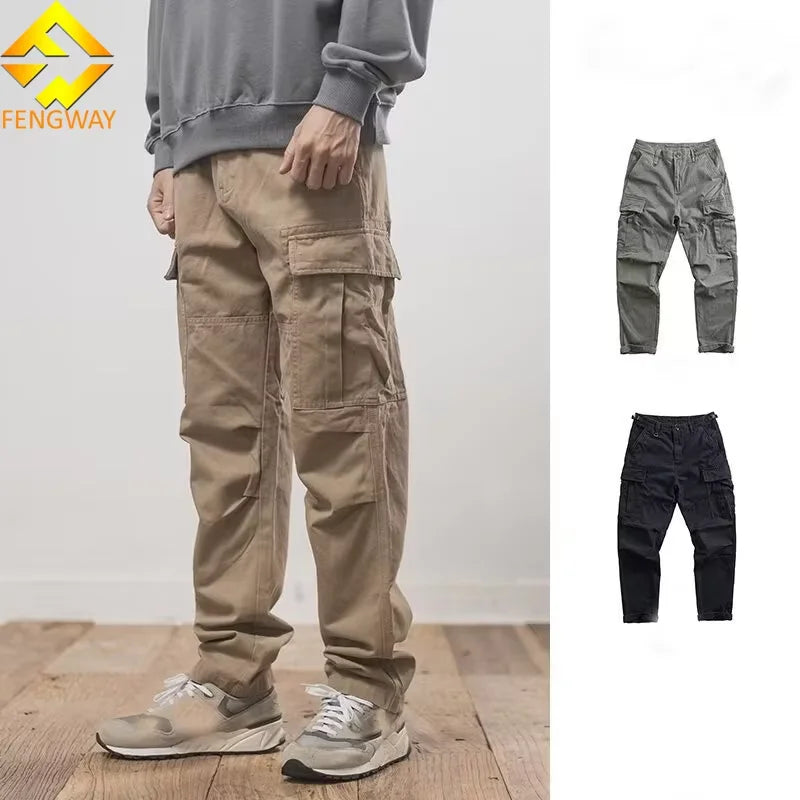 Men's Casual 100% Cotton Eco-Friendly Breathable Straight Cargo Pants Midweight Mid Waist Baggy Loose Fit Multiple Pockets