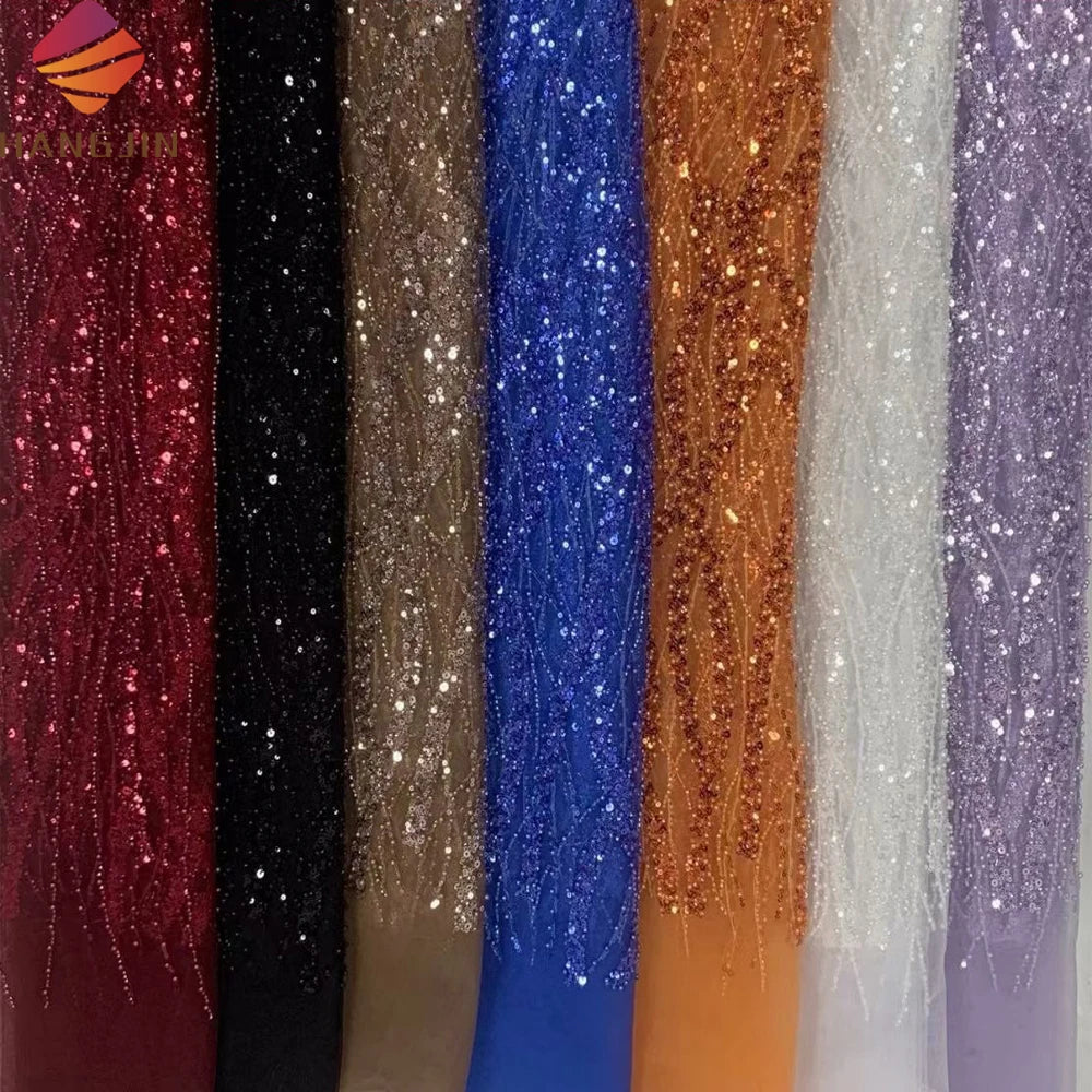 Factory Wholesale Wedding Lace Fabric Luxury Beaded Lace Fabric With Rhinestones African Net Lace Fabrics With Sequins for Dress