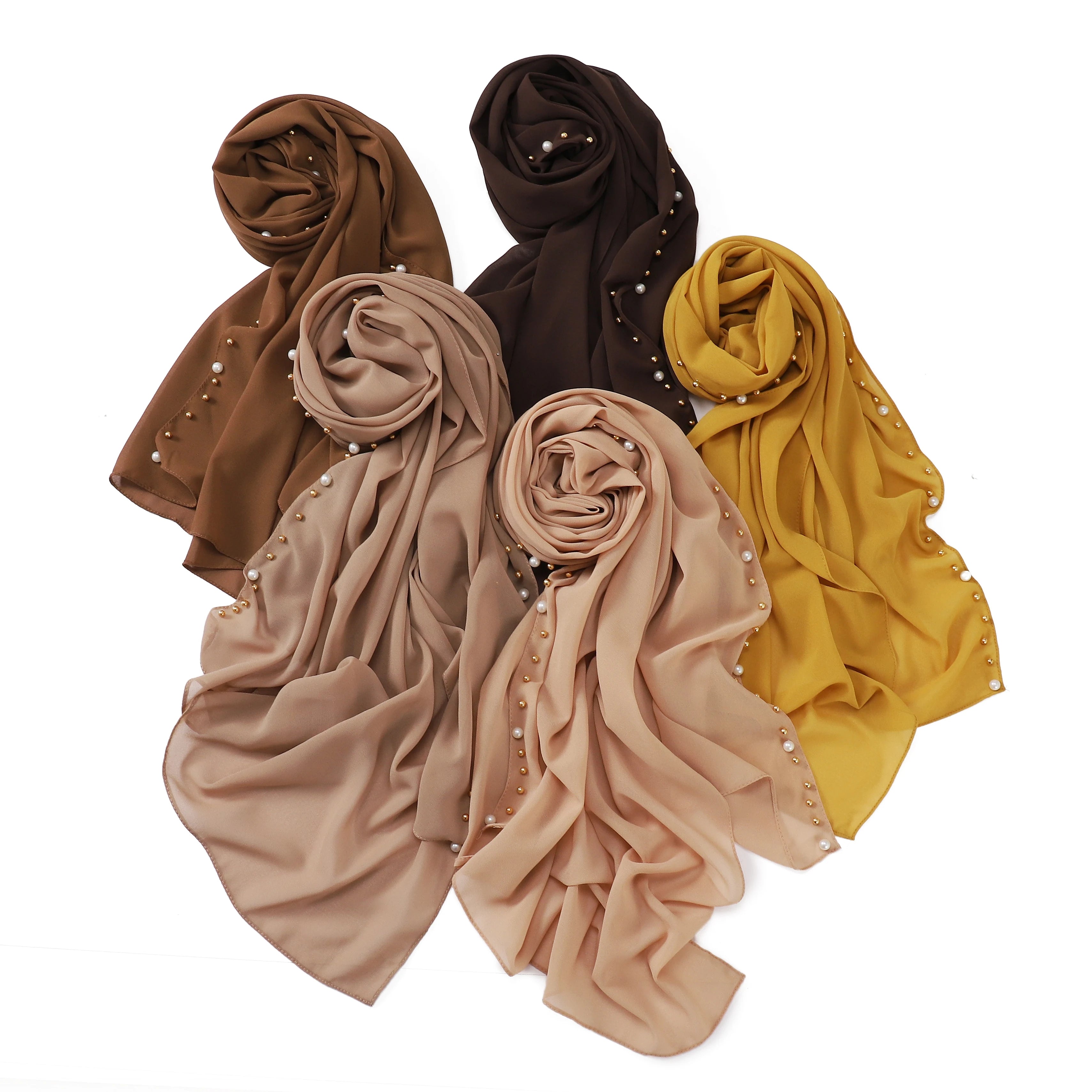 Simple Headscarf Ramadan Gift Women Stylish Elegant Solid Color Breathable Thin  Hijab Chiffon Pearl Shawl Scarf