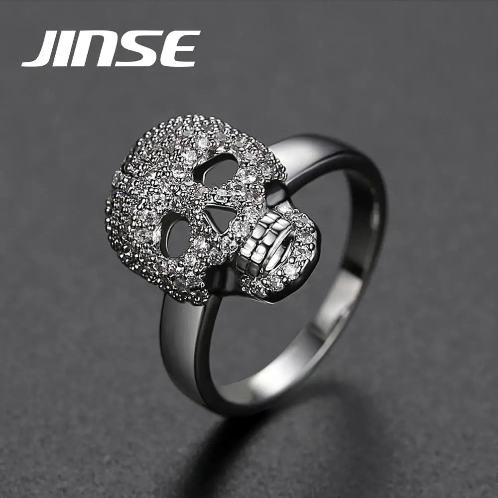 JINSE Punk Copper Iced Out Micro Paved Cubic Zircon Skull Ring Cubic Zirconia Men and Women Skull Rings
