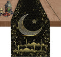 Eid Mubarak Table Runner Moon Mosque Black Golden Star Ramadan Table Runners for Table Dresser Eid Mubarak Ramadan Decorations