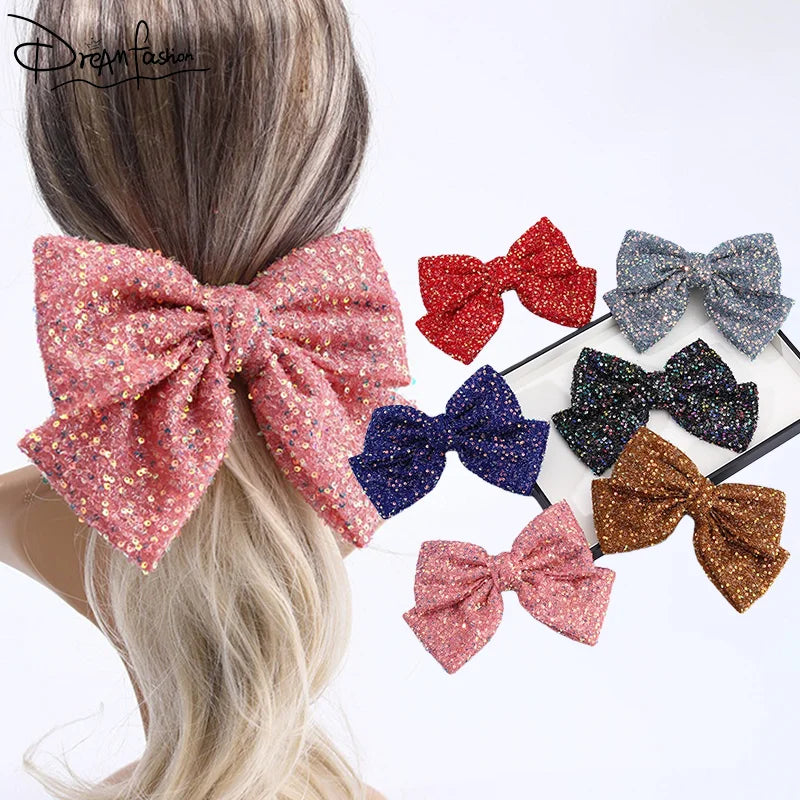DREAM FASHION Luxury Sequins Women's Hair Accessories Sparkling Knit Fabric Solid Color Hair Bow Clips Women Hair Accessories