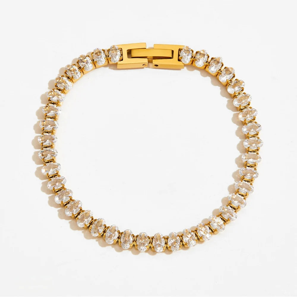 18K Gold Plated Diamond Bling Baguette Tennis Bracelet Fashion Stainless Steel Bracelet