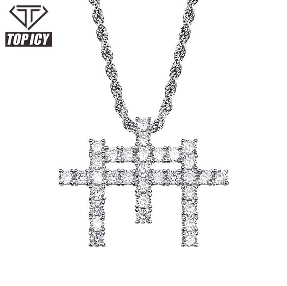 Top Icy Hip Hop Triple Cross Round CZ Gold Plated Pendant Multicolor Iced Out Punk Style Cross Chain for Men