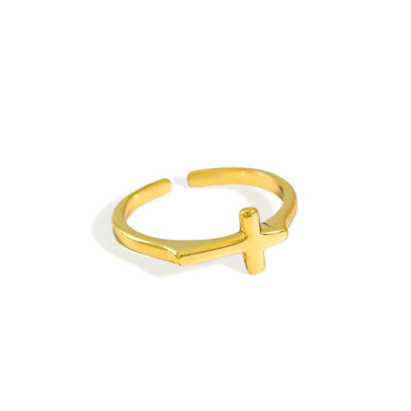 18k Yellow Gold Sterling Silver 925 Sideways Cross Christian Ring for Women