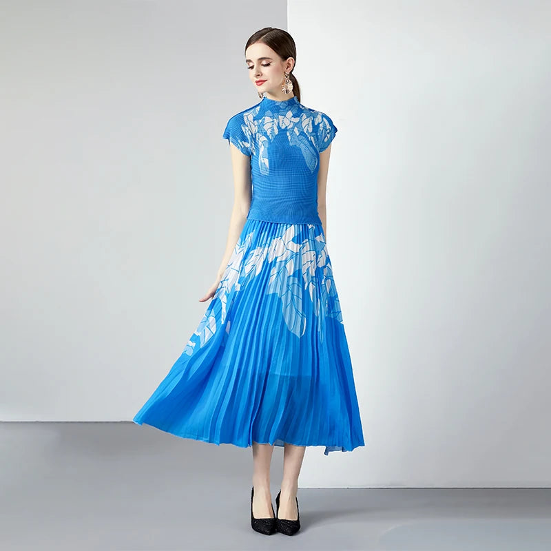 Women's 2024 Summer Casual Style Floral Digital Printing Washable Knee-Length Ruched Chiffon Pleated Natural Waist Woven Dress