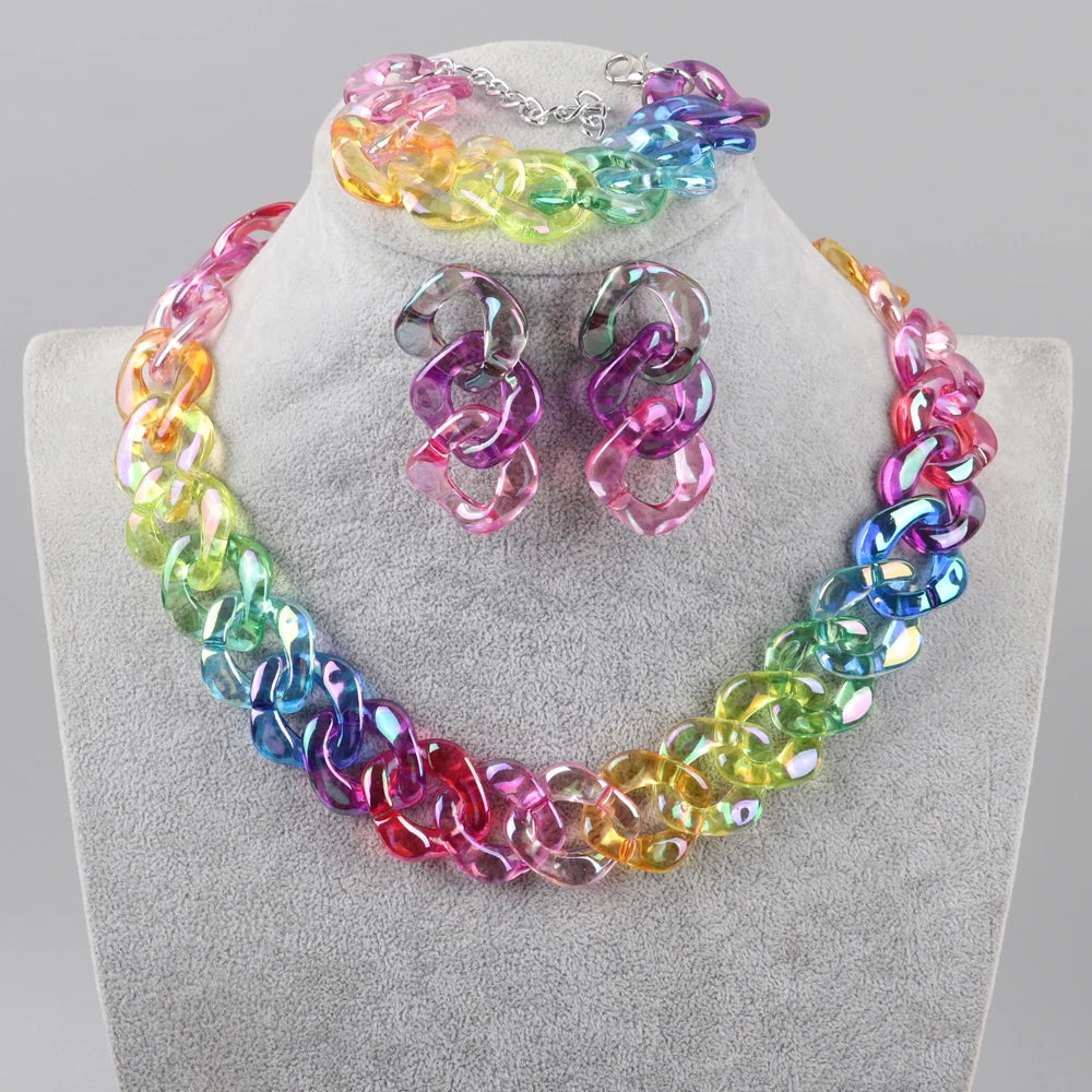 Gift Resin Bracelet Earrings Necklace Set Wedding Engagement 2023 New Laser Square Collar Color Fairy Glitter Magic Temperament