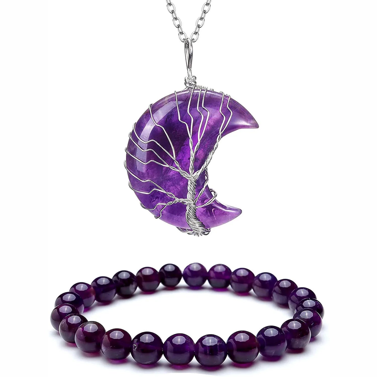Wholesale Natural Stone Beads Life of Three Tiger Eye Amethyst Moon Stainless Steel Chain Bracelet and Necklace Jewelry Set