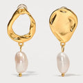 Fashionable Asymmetrical Brass with 18K Gold Plating and Natural Baroque Pearls Earrings Jewelry Factory Wholesale