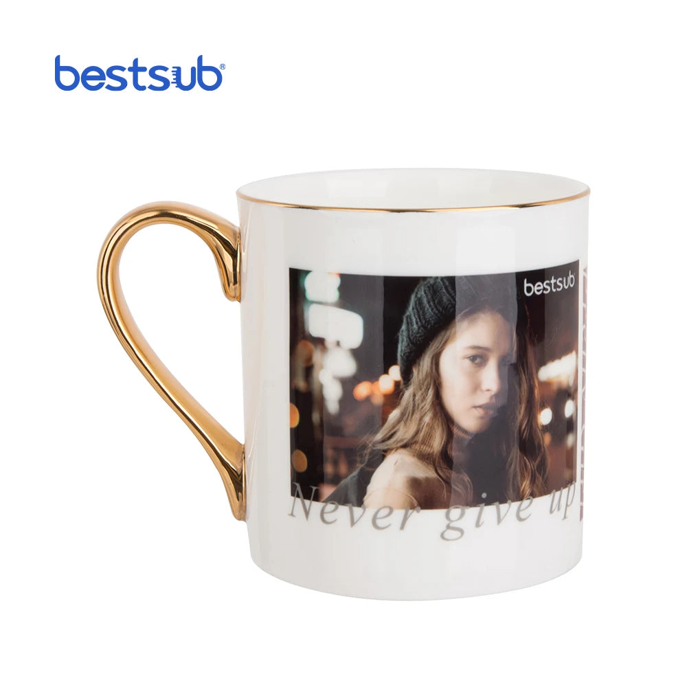 Wholesale Eco-Friendly JS Coating Party Mugs Custom Sublimation Blanks Ceramic 10oz 300ml Gold Rim and Handle Bone China